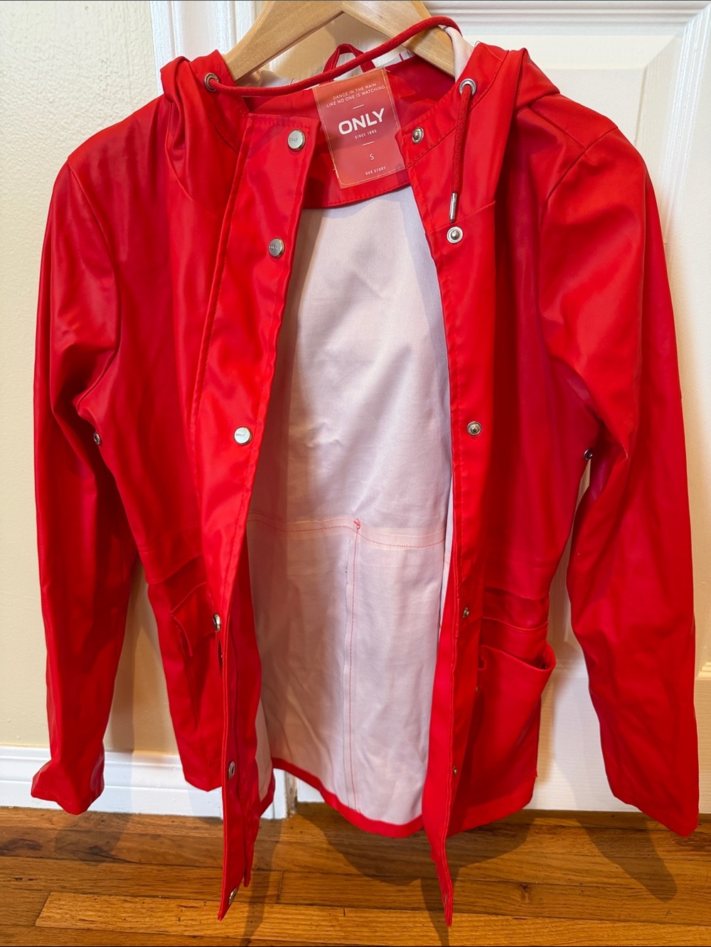 ONLY Vibrant Red Hooded Raincoat with Front Pockets